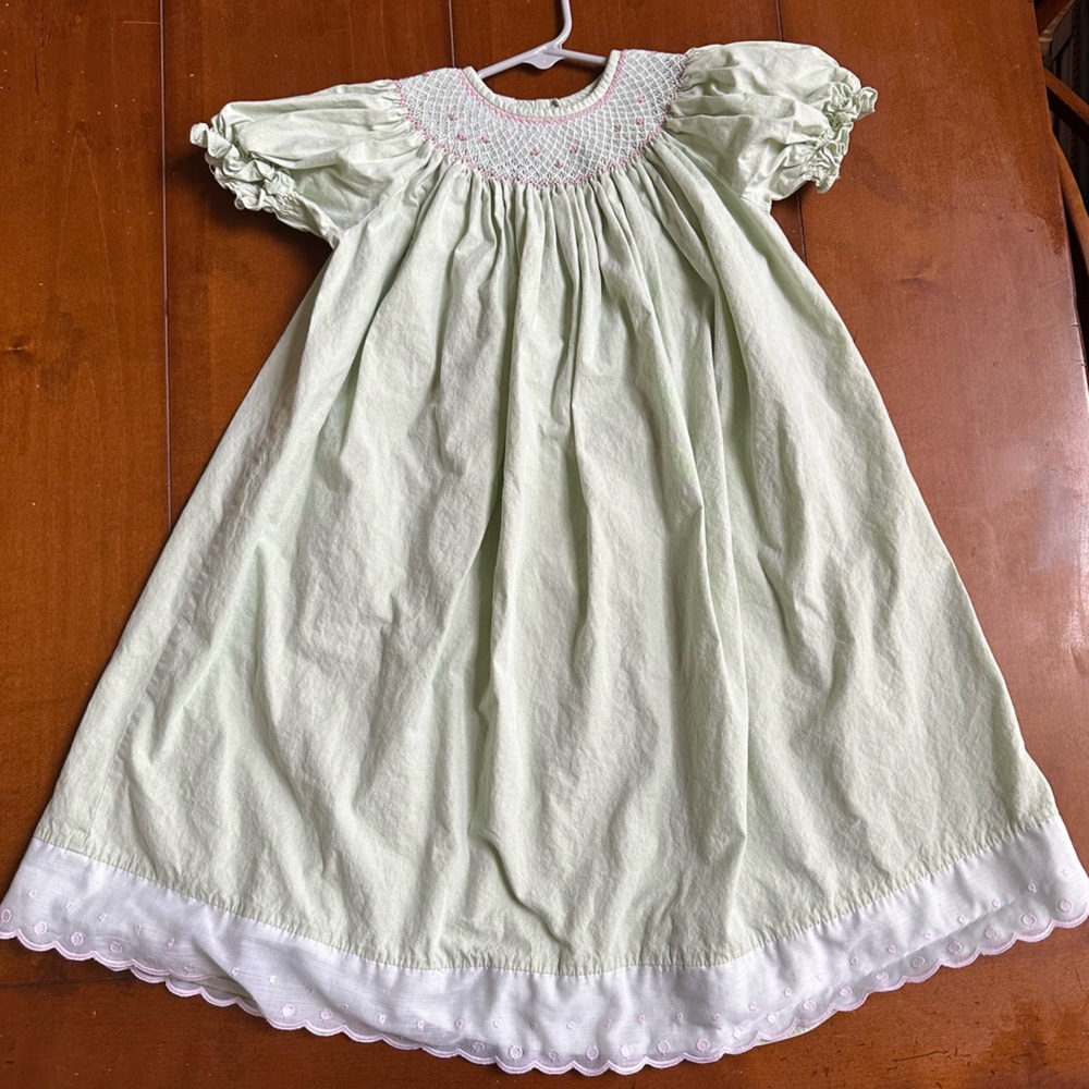 Vive La Fete Smocked Puff Sleeve Girls Dress in Pale Green with White Trim